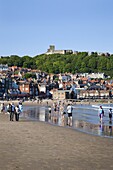 Busy South Sands and Castle Hill, Scarborough, North Yorkshire, Yorkshire, England, United Kingdom, Europe