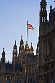Union Jack on the Houses of Parliament. Westminster, London. England, United Kingdom, Europe