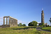 Nelson's and the National Monument, Calton Hill in summer sunshine, Edinburgh, Scotland, United Kingdom, Europe