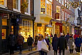 Shops on Stonegate at Christmas, York, Yorkshire, England, United Kingdom, Europe