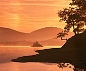 Mist rising on Derwent Water at dawn, Lake District National Park, Cumbria, England, United Kingdom, Europe