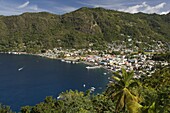 An aerial view of the town of Soufriere in St. Lucia, Windward Islands, West Indies, Caribbean, Central America