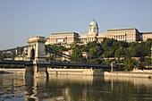 The Chain Bridge over the Danube River and Castle Hill seen from a boat, Budapest, Hungary, Europe