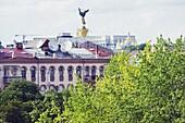 Rooftops and symbol of Kiev statue, Kiev, Ukraine, Europe