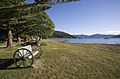 Seat at Furneaux Lodge, Marlborough Sounds, South Island, New Zealand, Pacific