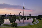 Olympiapark and Olympiaturm (TV tower) at dusk, Munich (Munchen), Bavaria, Germany, Europe
