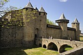 Entrance to Chateau Comtal in the walled and turreted fortress of La Cite, Carcassonne, UNESCO World Heritage Site, Languedoc, France, Europe