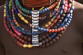 Close-up of bead necklaces of a Hamer woman, Turmi, Omo region, Ethiopia, Africa