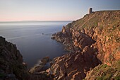 WWII German Observation tower and the rocky northwest coastline of Jersey, Channel Islands, United Kingdom, Europe
