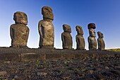 Ahu Tongariki,  the largest ahu on the Island,  Tongariki is a row of 15 giant stone Moai statues,  Rapa Nui (Easter Island),  UNESCO World Heritage Site,  Chile,  South America
