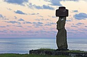 Moai statue Ahu Ko Te riku,  the only topknotted and eyeballed Moai on the Island,  Rapa Nui (Easter Island),  UNESCO World Heritage Site,  Chile,  South America