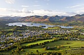 View over Keswick and Derwent Water from the Skiddaw Range,  Lake District National Park,  Cumbria,  England,  United Kingdom,  Europe