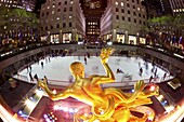 Ice Skating Rink below the Rockefeller Centre building on Fifth Avenue,  New York City,  New York,  United States of America,  North America