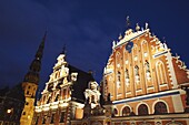 House of Blackheads in Town Hall Square (Ratslaukums) with St. Peter's in background,  Riga,  Latvia,  Baltic States,  Europe