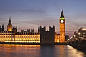 The Houses of Parliament,  Big Ben and Westminster Bridge at dusk,  UNESCO World Heritage Site,  Westminster,  London,  England,  United Kingdom,  Europe