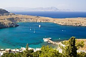 An aerial view of Lindos Bay, Lindos, Rhodes, Dodecanese Islands, Greek Islands, Greece, Europe