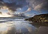 View towards Isle of Rum from Singing Sands (Camas Sgiotaig), Isle of Eigg, Inner Hebrides, Scotland, United Kingdom, Europe