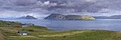 Panoramic view of Sandoy north coast and Hestur island, from near Skopun, Sandoy, Faroe Islands (Faroes), Denmark, Europe