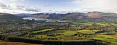 View over Keswick and Derwent Water from the Skiddaw Range, Lake District National Park, Cumbria, England, United Kingdom, Europe