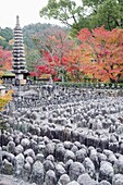 Jizo stone statues and autumn maple leaves at Adashino Nenbutsu dera temple, Arashiyama Sagano area, Kyoto, Japan, Asia