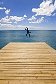 Wooden jetty leading into the Caribbean Sea, Frigate Bay Beach, St. Kitts, Leeward Islands, West Indies, Caribbean, Central America