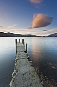 Cloud formation and wooden jetty at Barrow Bay landing, Derwent Water, Lake District National Park, Cumbria, England, United Kingdom, Europe