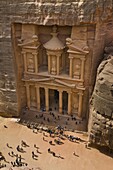 View over El Khazneh (the Treasury), Petra, UNESCO World Heritage Site, Jordan, Middle East