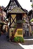 Timbered houses on cobbled street, Eguisheim, Haut Rhin, Alsace, France, Europe