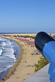 View past coin-operated telescope to Playa del Ingl?s, Maspalomas, Gran Canaria, Canary Islands, Spain, Europe