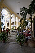 Female reed trio playing to diners at the Santo Angel restaurant, Plaza Vieja, Old Havana, Cuba, West Indies, Central America