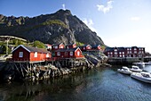 Rorbuer (fishermen's cabins), nowadays rented to tourists, at A village, Moskenesoy island, Lofoten archipelago, Nordland county, Norway, Scandinavia, Europe