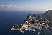 Aerial view of Soller harbour and northern coastline of Majorca in early morning in summer, Majorca, Balearic Islands, Spain, Mediterranean, Europe