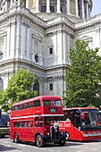 Traditional Bus outside St. Pauls Cathedral, London, England, United Kingdom, Europe