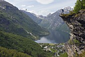 Cliff top view over Geiranger Fjord, UNESCO World Heritage Site, Western Fjords, Norway, Scandinavia, Europe