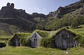 Farm buildings dating from the 18th and 19th centuries at Nupsstadur, under Lomagnupur cliffs, South Iceland, Iceland, Polar Regions