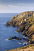 Remains of The Crowns tin mine engine houses on the Cornish Atlantic coast near Botallack, Cornwall, England, United Kingdom, Europe