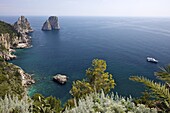 View of Faraglioni Rocks from Gardens of Augustus on Isle of Capri, Bay of Naples, Campania, Italy, Europe