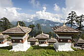 Some of the 108 Chortens located at the summit of the Dochu La Pass with views towards distant forested mountains between Thimpu and Punakha, Bhutan, Himalayas, Asia