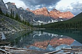 Early morning reflections in Moraine Lake, Banff National Park, UNESCO World Heritage Site, Alberta, Rocky Mountains, Canada, North America