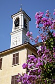 Church clocktower and flowers, Cadenabbia, Lake Como, Lombardy, Italy, Europe