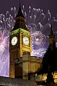 New Year fireworks and Big Ben, Houses of Parliament, Westminster, London, England, United Kingdom, Europe