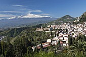 View over Taormina and Mount Etna, Taormina, Sicily, Italy, Europe