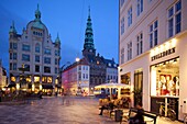 Nikolaj church and restaurants at dusk, Armagertorv, Copenhagen, Denmark, Scandinavia, Europe