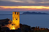 Sunset over the Duomo and looking out to the Egadi Islands, Erice, Sicily, Italy, Mediterranean, Europe