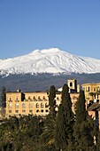 View over Taormina and Mount Etna with Hotel San Domenico Palace, Taormina, Sicily, Italy, Europe