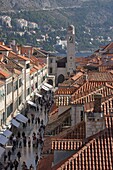 Stradun, Orlando Tower and rooftops from Dubrovnik Old Town walls, UNESCO World Heritage Site, Dubrovnik, Croatia, Europe
