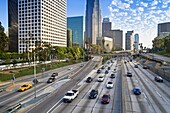 The 110 Harbour Freeway and Downtown Los Angeles skyline, California, United States of America, North America