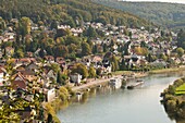 View of the Neckar River and Neckarsteinach from Hinterburg Castle, Hesse, Germany, Europe