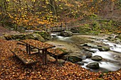 Picnic bench beside Stockghyll Force river, Ambleside, Lake District, Cumbria, England, United Kingdom, Europe