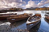 Rowing boats on Derwent Water at Keswick, Lake District National Park, Cumbria, England, United Kingdom, Europe